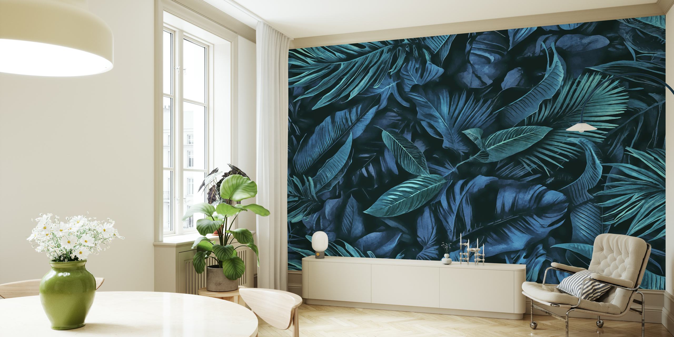 Tropical leaf pattern wallpaper in various shades of blue